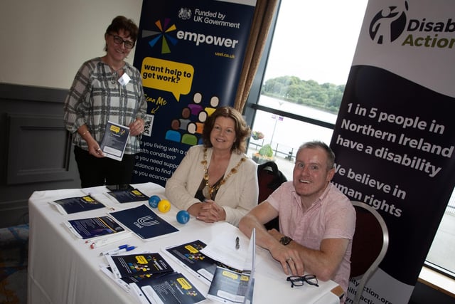 The Mayor, Patricia Logue pictured at the Empower and Disability Action stalls at Tuesday's Derry Jobs Fair with Tracey Kealey and Tommy Kearns. 