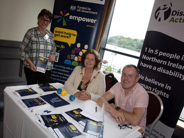 The Mayor, Patricia Logue pictured at the Empower and Disability Action stalls at Tuesday's Derry Jobs Fair with Tracey Kealey and Tommy Kearns.