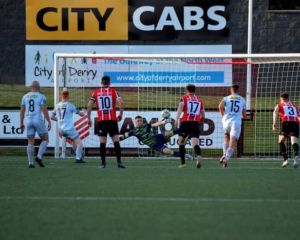 Derry City goalkeeper Brian Mahar saves a first half penalty from Shelbourne’s Shane Farrell (17).  Photo: George Sweeney. DER2321GS - 