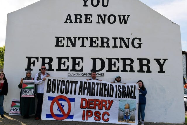 Gathering at Free Derry Wall, on Saturday afternoon, to remember ‘The Nakba’, also known as the ‘Palestinian Catastrophe’, - the destruction of Palestinian society and homeland in 1948. Photo: George Sweeney. DER2319GS – 22