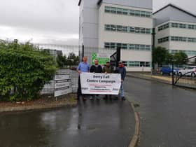 Call centre workers protest outside Firstsource Solutions on the Northland Road.