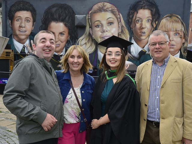 Graduate Alexandra Haslett who graduated in social work pictured with Joanne Haslett, Conor Haslett and Frank Haslett  in Derry at the Millennium Forum. Picture By: Arthur Allison/Pacemaker Press.