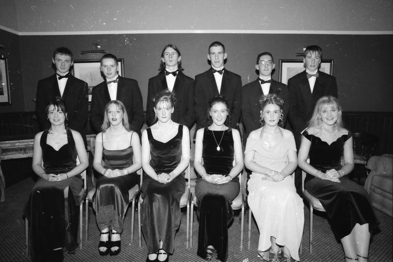 Seated, from left, Claire Doherty, Kerry Clarke, Claire Cavanagh, Noeleen Ruddy, Yvonne Donaghey and Deirdre Lynch. Standing, from left, Enda Donaghey, Colin Lynch, Paul Doherty, Declan McDermott, Ciaran McEniry and Jonathan McLaughlin. Pictured at the Carndonagh Community School formal in January 1998.
