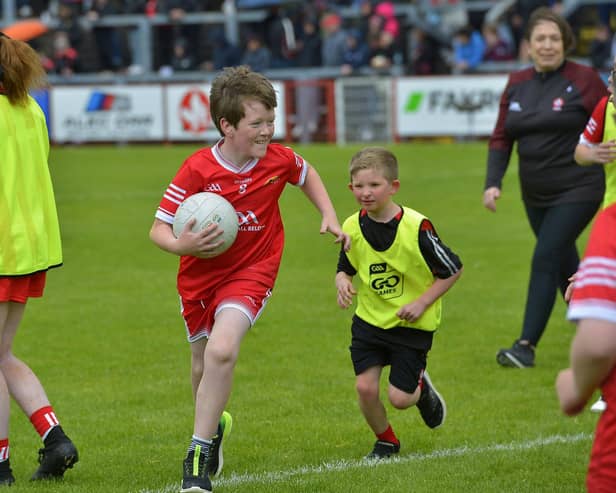 Foyle All Stars demonstrate their skills in Celtic Park on Sunday afternoon during the half-time interval in Derry’s game against Galway. Photo: George Sweeney