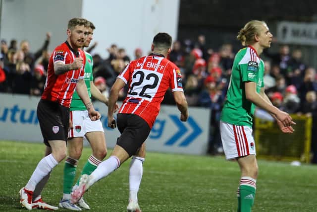 Jordan McEneff celebrates with Jamie McGonigle after scoring Derry's second goal in the second half against Cork City. Photo by Kevin Moore.