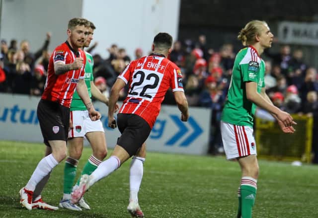 Jordan McEneff celebrates with Jamie McGonigle after scoring Derry's second goal in the second half against Cork City. Photo by Kevin Moore.
