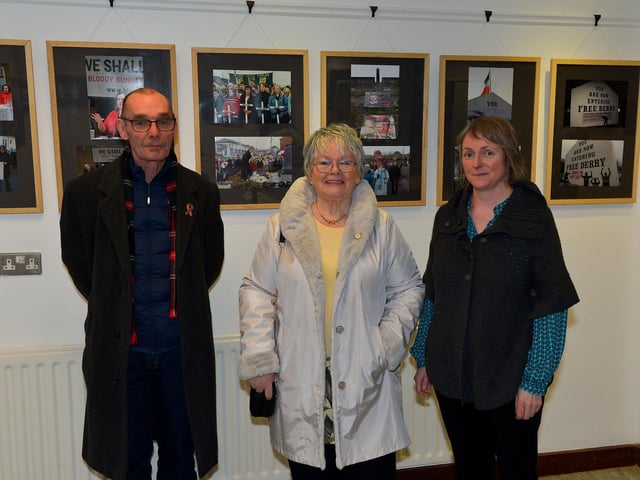 Liam Wray , Kate Nash and Judi Logue, Arts Centre Co-ordinator pictured at the launch of Bloody Sunday, The Day Innocence Died' Exhibition in the Eden Place Arts Centre, Pilots Row Community Centre on Monday evening last. The exhibition will be on display until Monday 31st January next. Photo: George Sweeney. DER2204GS – 005