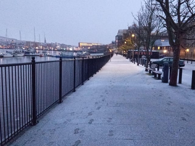 Footprints in the snow along the quay on Tuesday.