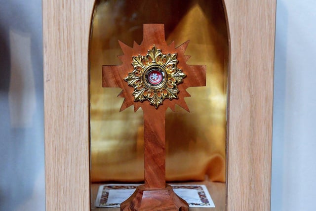 A relic of Blessed Carlos Acutis, donated by his mother, on display in St Eugene’s Cathedral. Carlos died in 2006, age 15, from leukaemia. He was a frequent communicant and had been cataloguing reported Eucharistic miracles from around the world before his death.  The Italian was teenager beatified in 2020. Photo: George Sweeney.  DER2318GS – 47