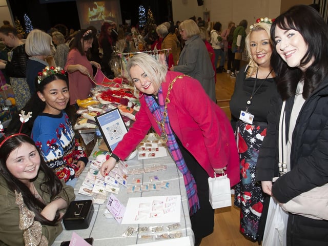 The Mayor of Derry City and Strabane District Council, Sandra Duffy pictured at St. Mary’s College Annual Christmas Fair on Saturday last. Second from right is Ms. Roisin Rice, Vice Principal.
