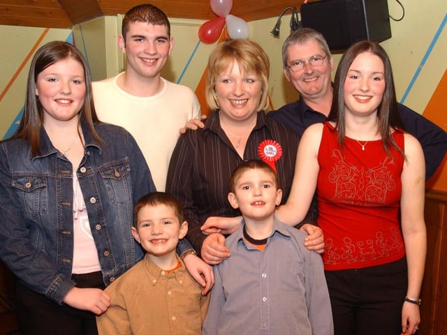 Majella Coyle with her family who celebrated her birthday in the Linen Hall. Included are, Billy, Christopher, Nicola, Marie, Stephen and Billy Jr.