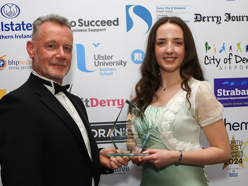 Hugh Hegarty, Chairman at CCI with Kira McLaughlin, Winner of Young Business Person of The Year.