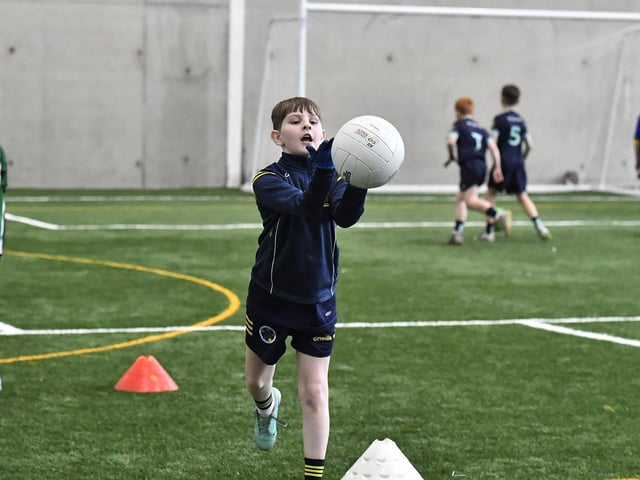 Primary School pupil taking part in the Cumann na mBunscoil skills test at Sean Dolans GAC on Friday. Photo: George Sweeney