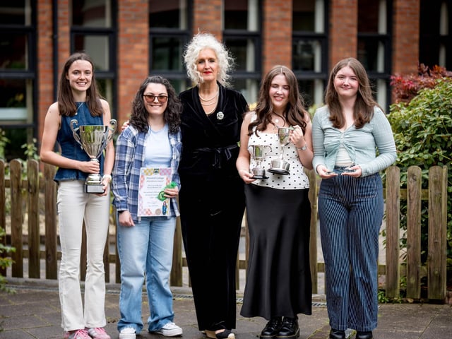 Year 14 Special Awards. Hannah Wade, Cliona McVey, Ms S. Mallett (Principal), Ruby Moore, Sara Lindsay