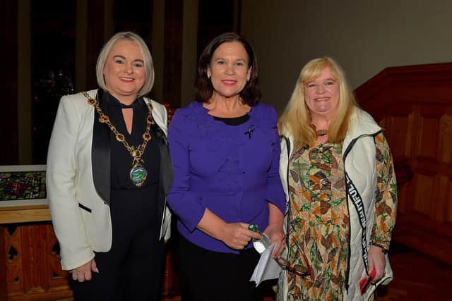 Sinn Fein President Mary Lou McDonald pictured with Mayor Sandra Duffy and the Bloody Sundy Trust’s Maeve McLaughlin before she delivered the Annual Bloody Sunday Lecture in the Guildhall on Friday evening. Photo: George Sweeney. DER2305GS – 131