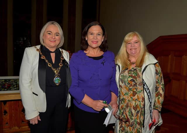 Sinn Fein President Mary Lou McDonald pictured with Mayor Sandra Duffy and the Bloody Sundy Trust’s Maeve McLaughlin before she delivered the Annual Bloody Sunday Lecture in the Guildhall on Friday evening. Photo: George Sweeney. DER2305GS – 131