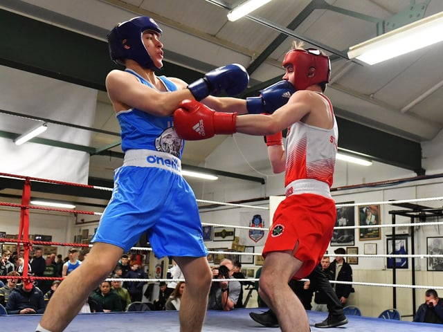 Evan Ross, Moneyglass v Keelan Duggan, St Johns. Photograph: George Sweeney