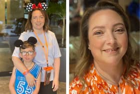 Emma McLaughlin, and, left, Emma with son Joedin on holiday in Disney World Florida.