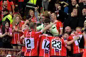 Derry City players and fans celebrate Cian Kavanagh’s goal against KuPs FC last year. Photo: George Sweeney. DER2330GS -