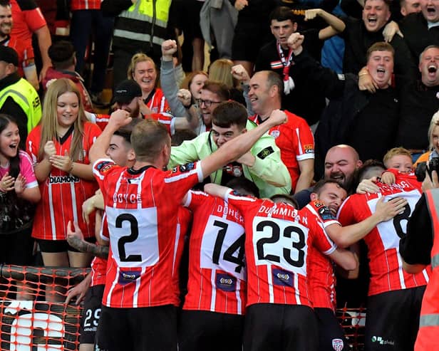 Derry City players and fans celebrate Cian Kavanagh’s goal against KuPs FC last year. Photo: George Sweeney. DER2330GS -