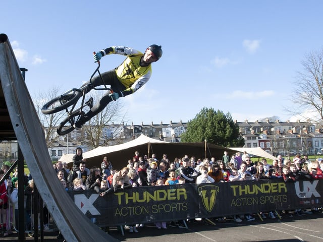 The Thunder Action Sports BMX team in action during Saturday’s Fun Day at Bull Park.