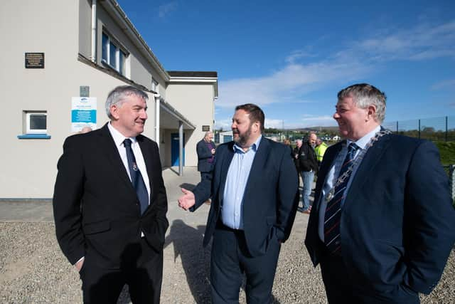 Councillor. Paul Canning, Pádraig Mac Lochlainn TD and Colr Gerry McMonagle, Leas Cathaoirleach Donegal County Council at the Official Opening of the Muff to Quigley’s Point Greenway by Jack Chambers TD, Minister of State at the Department of Transport and at the Department of Environment, Climate and Communications. Photo Clive Wasson