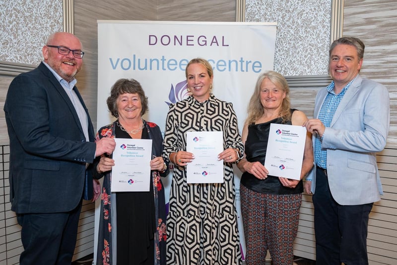 John Curran,  Donegal Volunteer Center,  Mary Doherty, Ellie Farren, Eleanor Lambe Lifeline Inishowen and Padraic Fingleton, CEO. DLDC at the Annual Donegal Volunteer Awards in the Radisson Hotel Letterkenny on Thursday last.  Photo Clive Wasson.