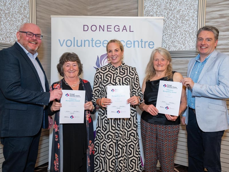 John Curran, Donegal Volunteer Center, Mary Doherty, Ellie Farren, Eleanor Lambe Lifeline Inishowen and Padraic Fingleton, CEO. DLDC at the Annual Donegal Volunteer Awards in the Radisson Hotel Letterkenny on Thursday last. Photo Clive Wasson.