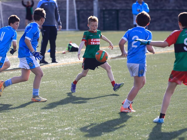 Culmore v Doire Trasna action in the U9 Boys’ GAA blitz held at the Waterside Shared Village Centre on Friday night. (Photo - Tom Heaney, nwpresspics)
