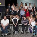 Prizewinners at the 2018/19 Cou cil sports awards with then Mayor, Councillor Michaela Boyle, guest speakers Shirley McCay and Stuart Thompson and MC Denise Watson.