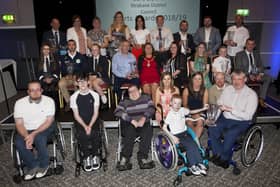 Prizewinners at the 2018/19 Cou cil sports awards with then Mayor, Councillor Michaela Boyle, guest speakers Shirley McCay and Stuart Thompson and MC Denise Watson.