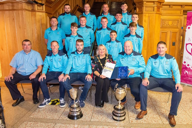 Councillor Sandra Duffy, Mayor of Derry City and Strabane District Council who welcomed players and committee members of Newbuildings Cricket Club to a reception in the Guildhall to recognise the achievements last season.