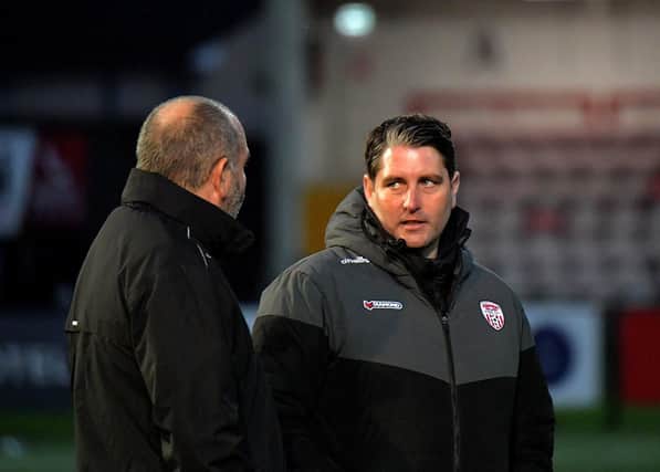 Derry City manager Ruaidhri Higgins with Andrew Myler manager of UCD before their game in the Brandywell on Friday night last. Photo: George Sweeney