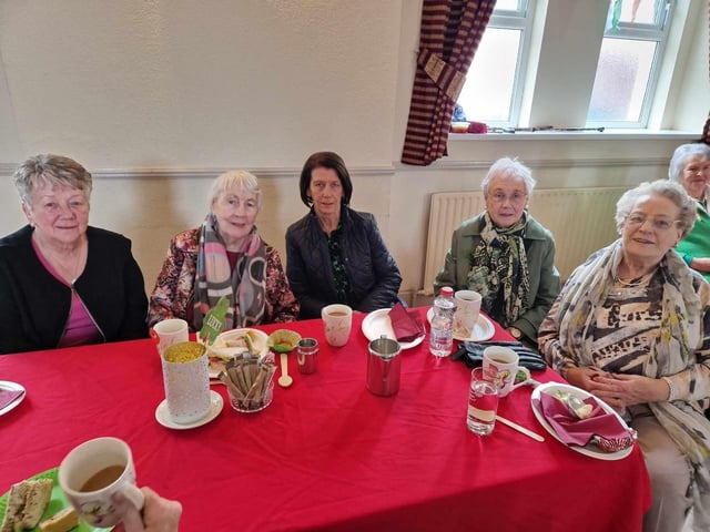 Maeve Duffy, Sarah McClenaghan, Margaret Doherty, Esther Casey and Rosemary Doherty in St Mary's Hall ahead of the Buncrana St Patrick's Day Parade 2025.