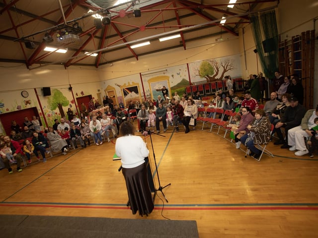 Mrs. Ashley Donaghy, Principal, Oakgrove Integrated Primary and Nursery School, pictured addressing parents and prospective pupils at the Annual Open Day on Thursday last. (Photos: Jim McCafferty Photography) : .