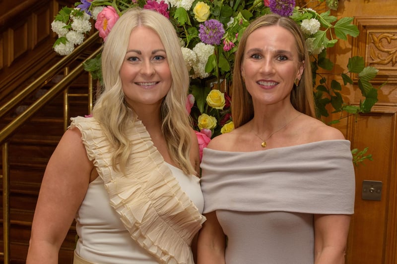The Mayor Councillor Patricia Logue hosted the annual Mayor’s Ball in the Guildhall in aid of her crossed Charities the Foyle Hospice and Ryan McBride Foundation. Pictured at the event are guests, Gemma Stone and Gillian Kearney Picture Martin McKeown. 24.05.24