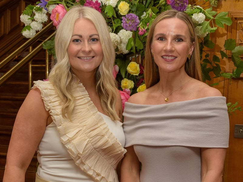 The Mayor Councillor Patricia Logue hosted the annual Mayor’s Ball in the Guildhall in aid of her crossed Charities the Foyle Hospice and Ryan McBride Foundation. Pictured at the event are guests, Gemma Stone and Gillian Kearney  Picture Martin McKeown. 24.05.24