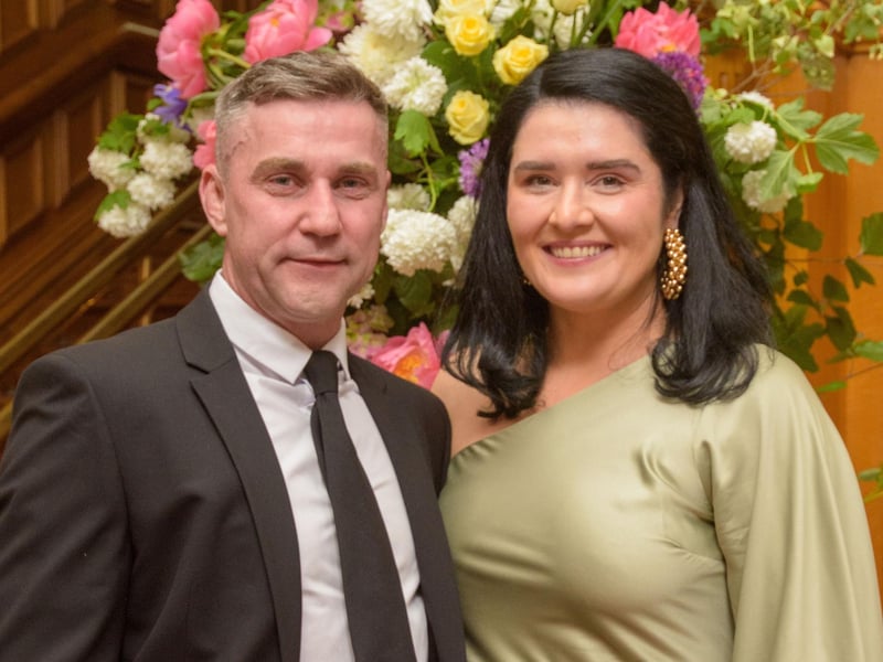 The Mayor Councillor Patricia Logue hosted the annual Mayor’s Ball in the Guildhall in aid of her crossed Charities the Foyle Hospice and Ryan McBride Foundation. Pictured at the event are guests, Emer and Dean McDaid Picture Martin McKeown. 24.05.24