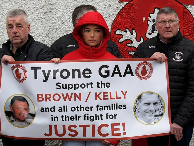 Relatives and supporters march from Free Derry Wall to Celtic Park, on Sunday afternoon, to protest against the British Government’s Legacy Bill’s lack of investigation into the deaths of Sean Brown and Patrick Kelly. Photo: George Sweeney