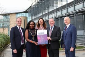 Stephen Kelly, Chair of the Magee Taskforce, Mayor of Derry, Cllr Lilian Seenoi-Barr, Nicola Skelly, Vice-Chair of the Magee Taskforce, Economy Minister, Conor Murphy MLA and Professor Paul Bartholomew, Vice-Chancellor, Ulster University.