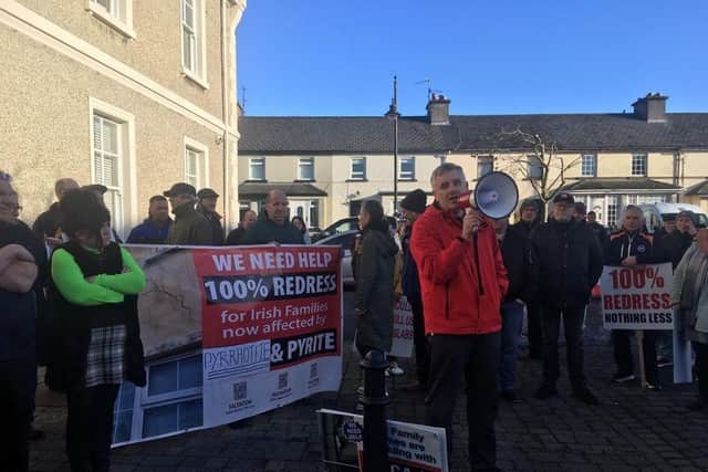 Homeowners pictured at the mass demonstration at Donegal County Council offices in Lifford on Monday. Mica Action Group
