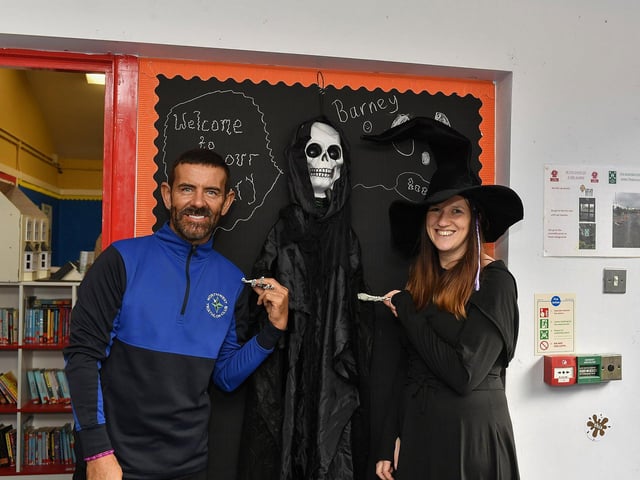 Mickey Doherty and Bronagh Flanagan at the Autumn Festival with Pumpkin Patch at St Columba’s Primary School, Newbuildings, on Saturday afternoon last. Photo: George Sweeney