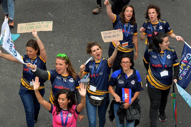 Ladies from France Blue football team taking part in the frs Recruitment GAA World Games opening parade on Monday evening.  Photo: George Sweeney. DER2330GS -