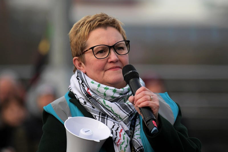 Catherine Hutton, Derry IPSC , speaking at the march and rally on Saturday afternoon, calling for a ceasefire in Gaza. Photo: George Sweeney