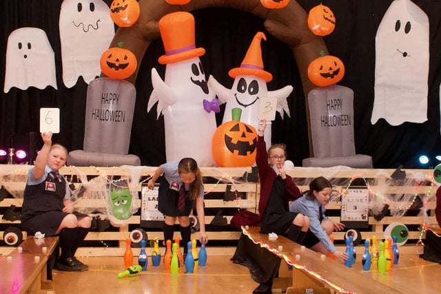 Pupils pictured at the Halloween Bowl-a-thon at St Eithne's Primary School in Derry on Thursday.