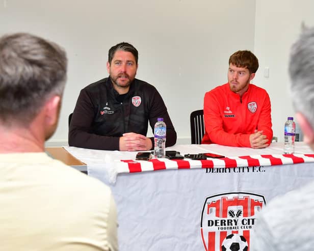 Derry City boss Ruaidhri Higgins talks to the assembled press alongside new signing Jacob Davenport. Photo by Kevin Morrison