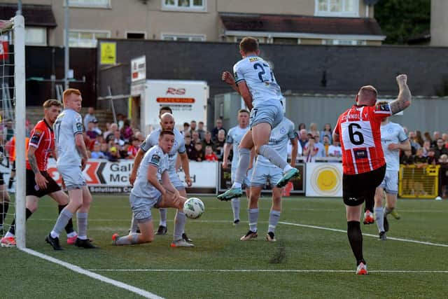 A shot on goal from Derry City’s Mark Connolly is charged down by Shelbourne’s Evan Caffrey. Photo: George Sweeney. DER2321GS -