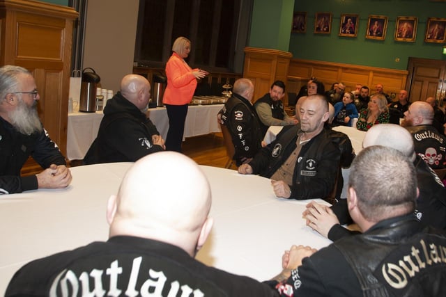 The Mayor of Derry City and Strabane District Council, Sandra Duffy addressing members of The Outlaws Motorcycle Club at the Guildhall during a reception in their honour on Friday night.:.