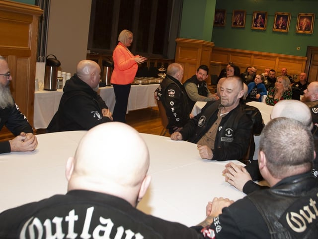 The Mayor of Derry City and Strabane District Council, Sandra Duffy addressing members of The Outlaws Motorcycle Club at the Guildhall during a reception in their honour on Friday night.:.