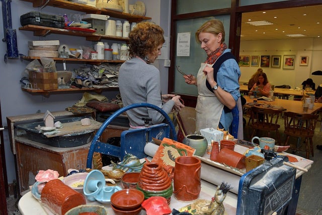 Ceramics tutor Lorraine O’Carroll and Gladys McCauley .  Photo: George Sweeney.  DER2313GS – 20
